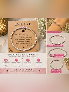 🧿Evil Eye Pink Beaded Bracelet - Silver Bead Bracelet with Pink Eye Charm🧿 #003